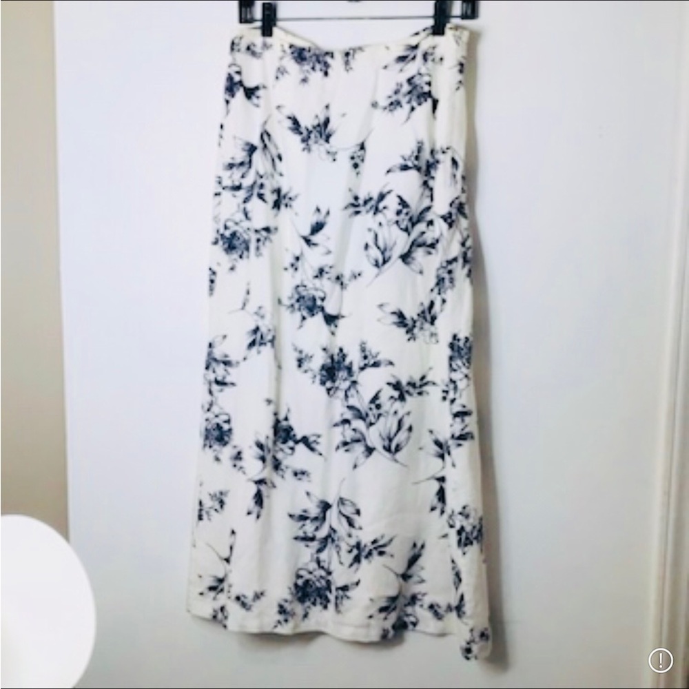 Amanda Smith linen floral midi skirt women 12 blue white feminine modest
